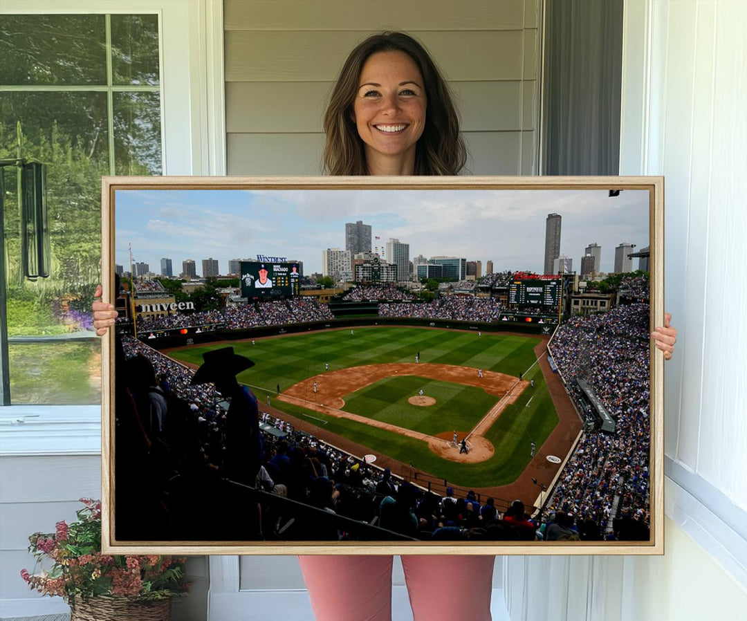 Admire this museum-quality canvas print of a Chicago Cubs game with a cityscape view from the stands at Wrigley Field.