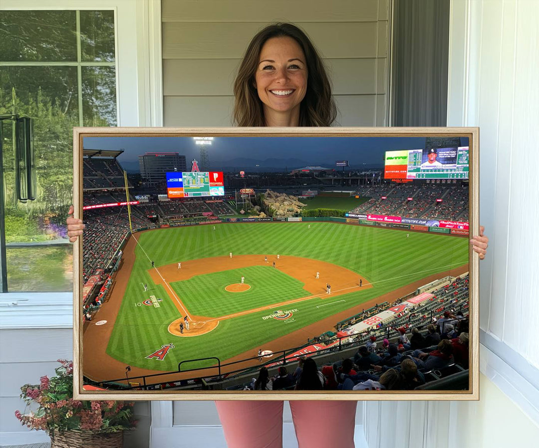 The Angel Stadium Aerial View canvas print of an Angels baseball game is showcased.