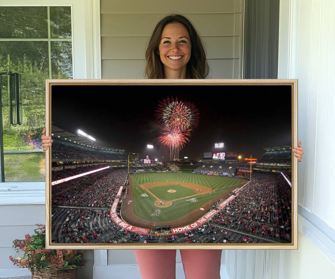 Fireworks at Angel Stadium – LA Angels Night Game Canvas Print, framed and ready to hang.