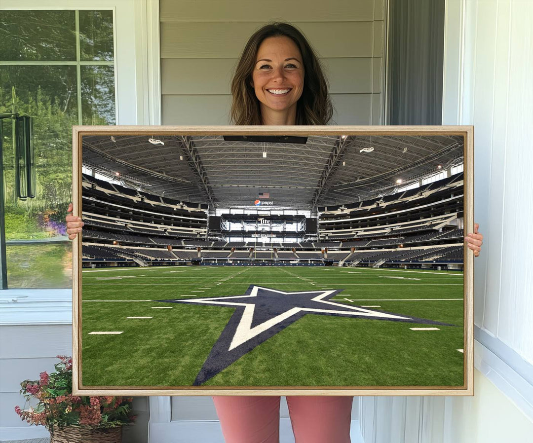 AT&T Stadium Dallas Cowboys Canvas Print displayed above a dining table.