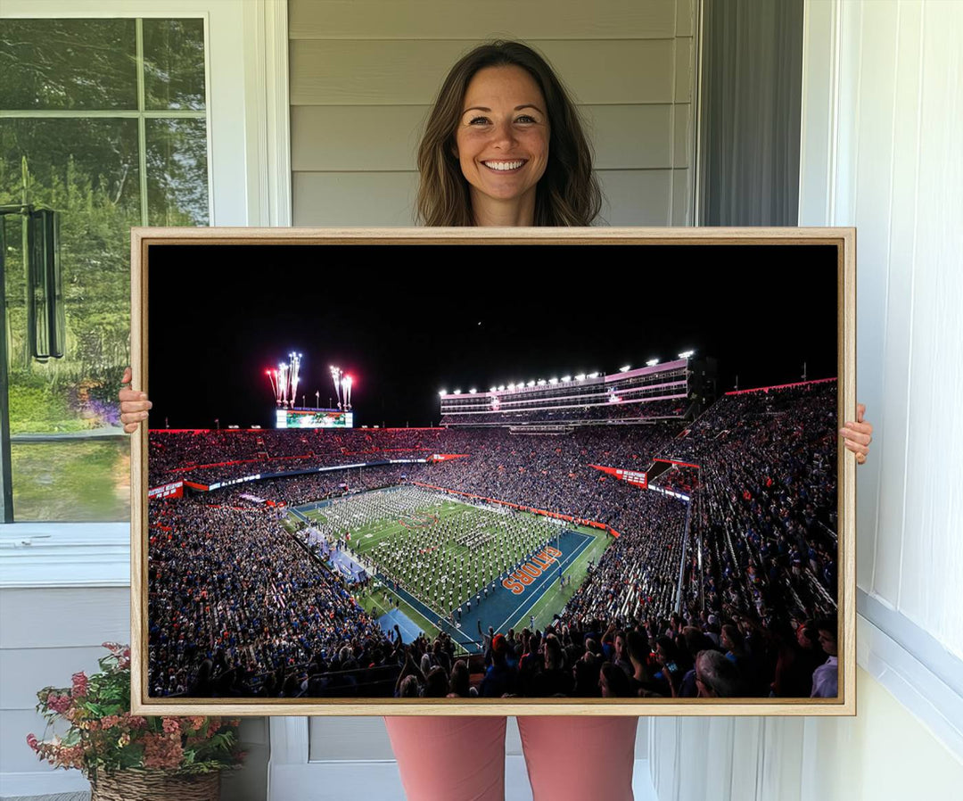 The Gators Night Game Canvas Art captures a lively night at Ben Hill Griffin Stadium with vibrant fireworks and the energy of a live band.