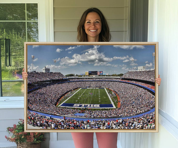 Our Buffalo Bills Game Day Canvas captures a vibrant scene at Highmark Stadium, with a lively crowd under a partly cloudy sky.