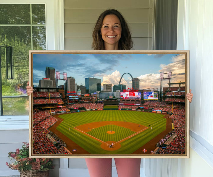 A Busch Stadium canvas print featuring a cityscape, ideal for enhancing living room or man cave sports decor.