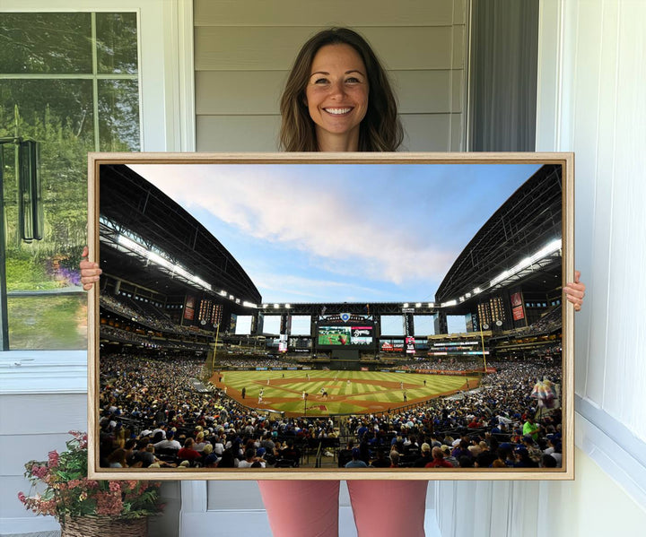 The wall art is an Arizona Diamondbacks Baseball Print depicting a packed Chase Field Stadium under a clear blue sky.