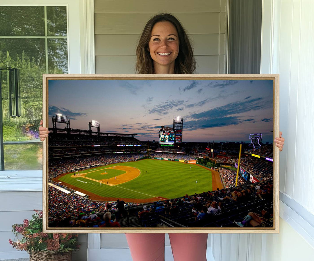 A wall art piece depicting the Philadelphia Phillies Citizens Bank Park Stadium at dusk.