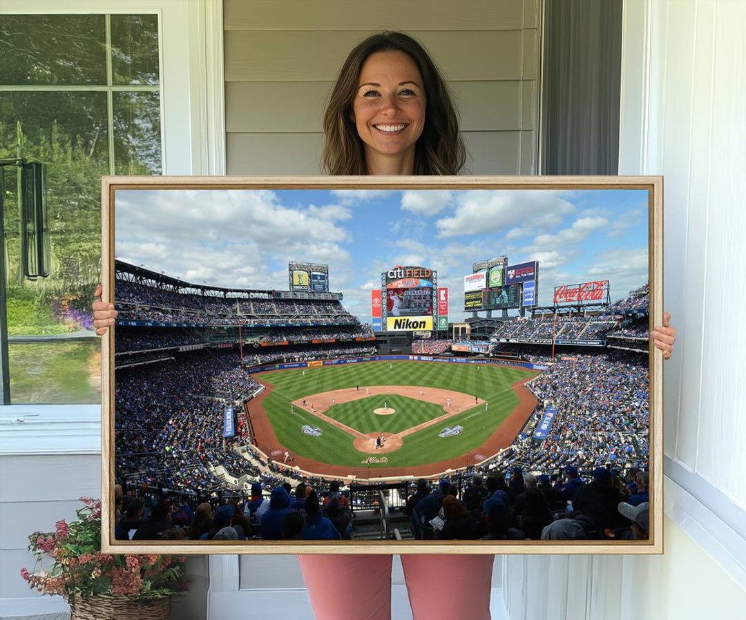 A wall art piece featuring a New York Mets Baseball Team print of Citi Field during a thrilling game under a blue sky.