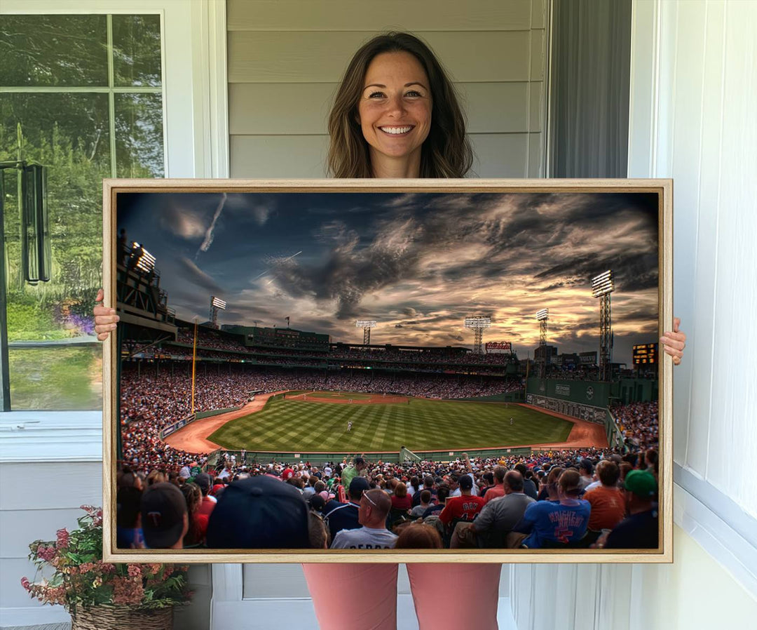 Boston Red Sox canvas print of Fenway Park at sunset, ideal for sports fans.