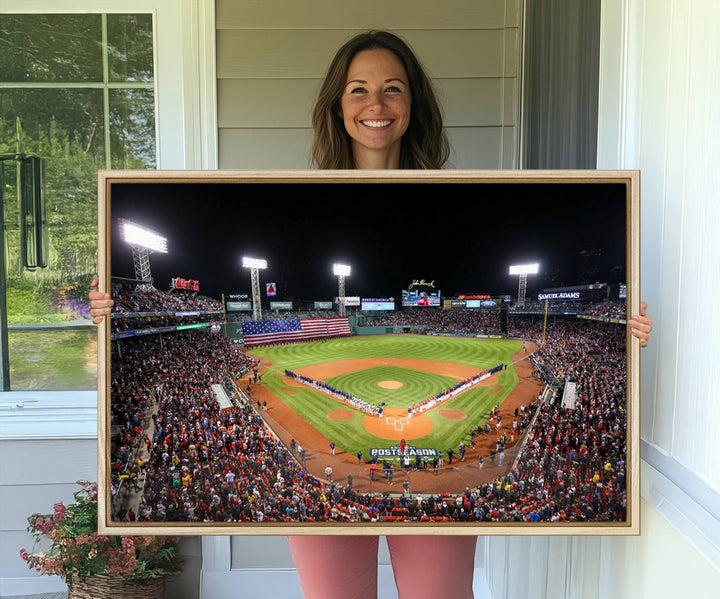 The Fenway Park Wall Art Canvas Print showcases a stunning aerial view of Bostons iconic ballpark at night, making it an ideal piece for any Red Sox enthusiast.