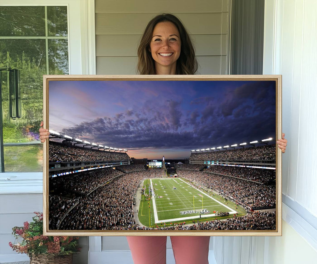 A large New England Patriots Foxborough Gillette Stadium wall art canvas print at sunset.