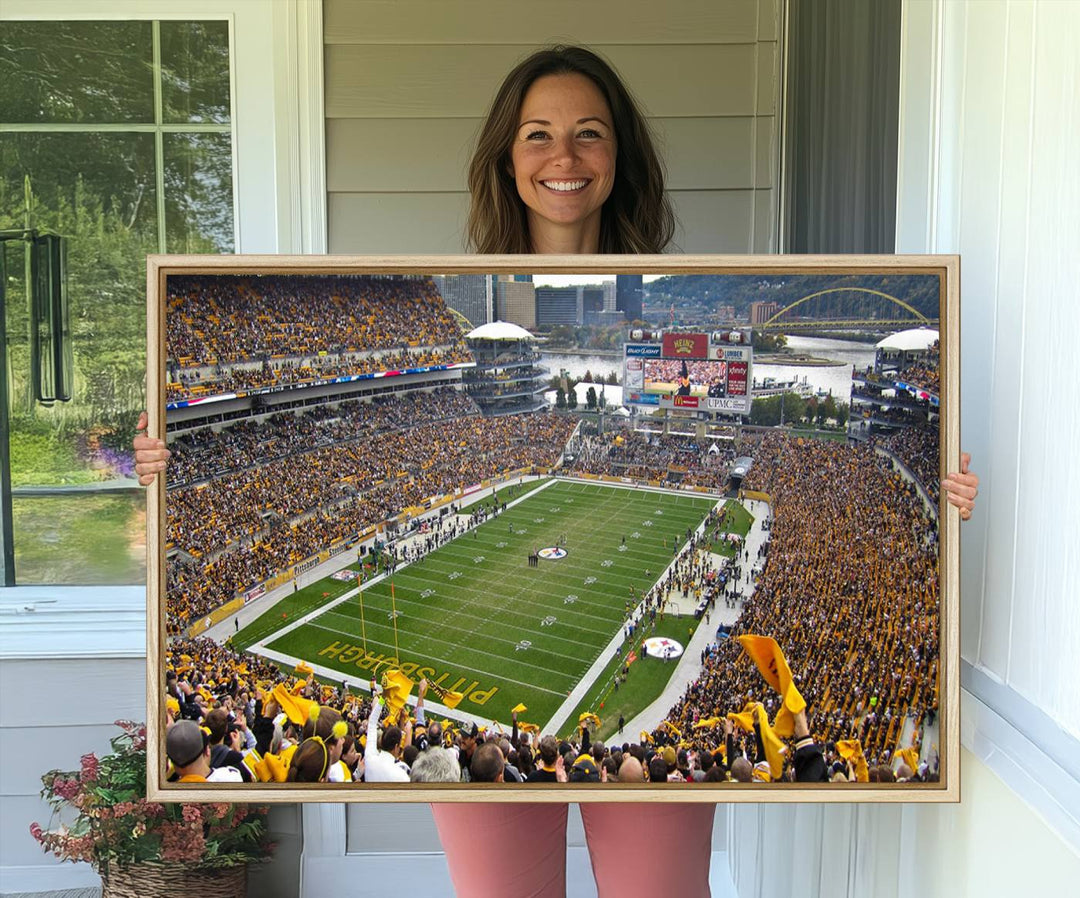 Heinz Field wall art and a cityscape serve as the backdrop.