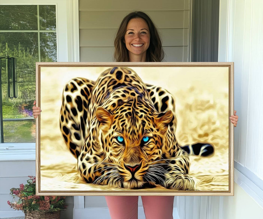 The Blue-Eyed Leopard Canvas Wall Art features a fierce and captivating design, perfect for wildlife enthusiasts. Its bold imagery makes it a striking decor piece, ready to hang.