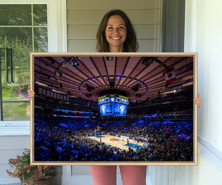 A print depicting an NBA game at Madison Square Garden, highlighting the scoreboard.