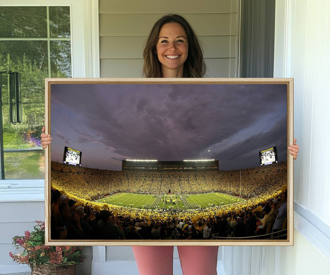 Michigan Stadium Wall Art Canvas Print of a night game by the Wolverines.