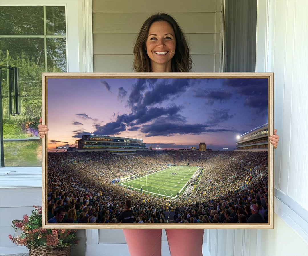 As the sun sets, a stunning backdrop highlights the Notre Dame Fighting Irish Football Team Print.