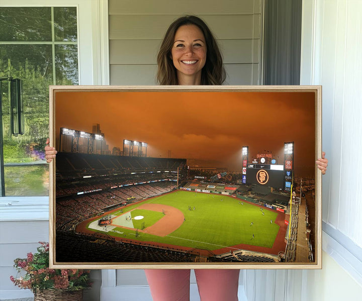 A canvas depicting an Oracle Park game with an orange sky, from SF Giants Stadium Wall Art.