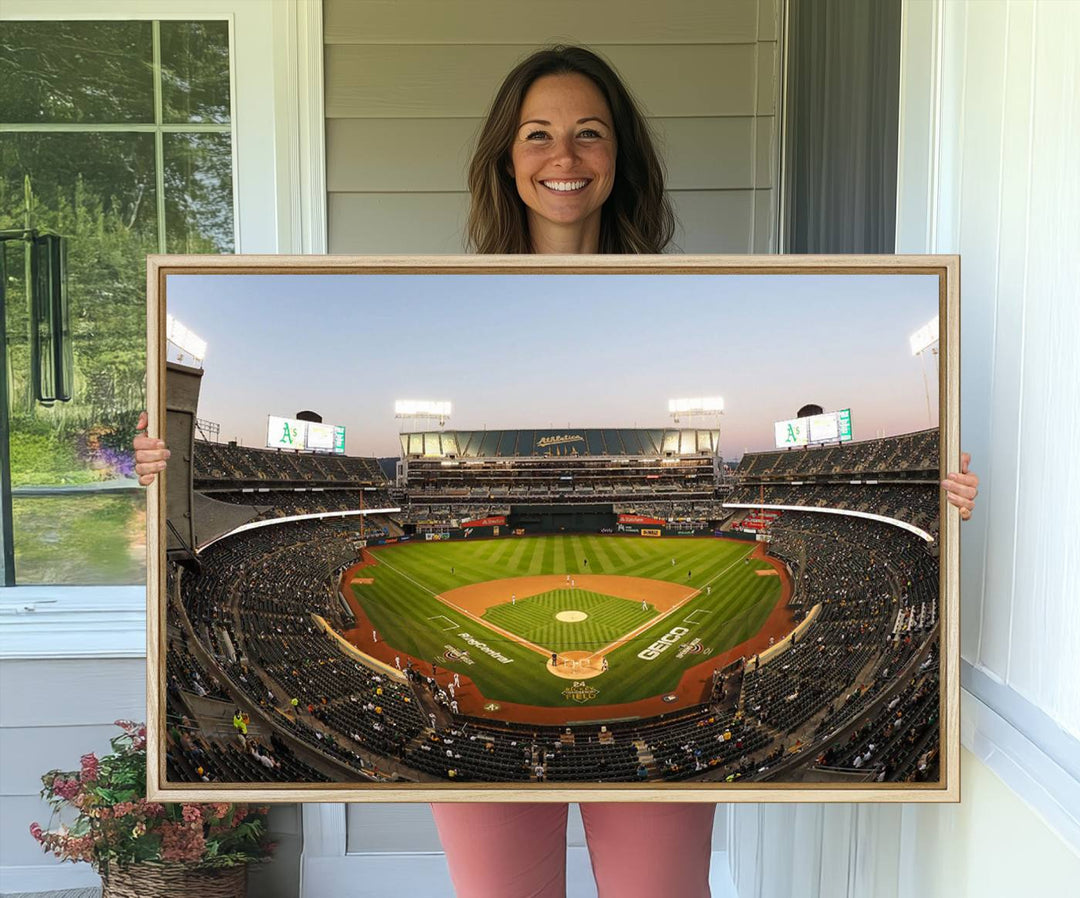 Oakland Athletics wall art canvas featuring the interior of RingCentral Coliseum Stadium.