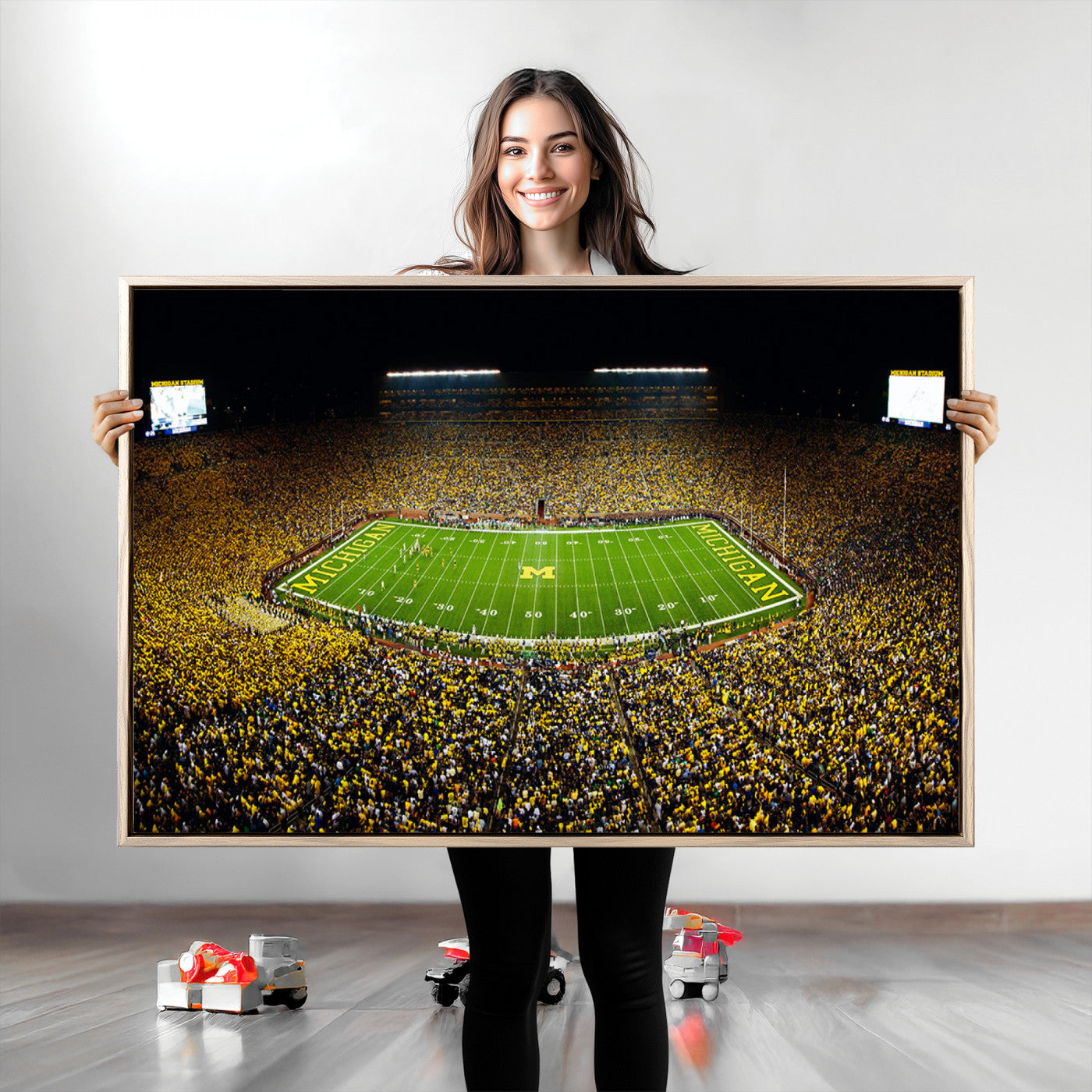 26166-MGV-CV-36X24-Stadium in Michigan Wall Art Canvas Print, Framed American Football Stadium Art Picture Print, Football Stadium Field Perfect Sports Room Decor Artwork