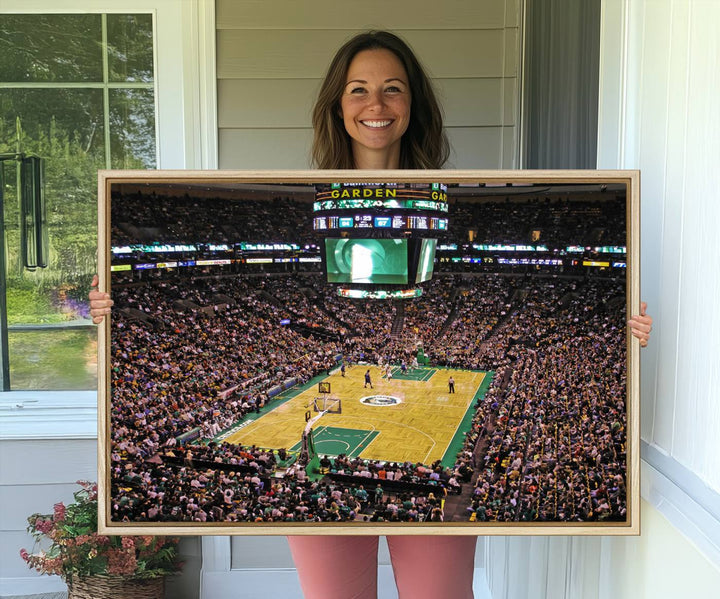 A vibrant depiction of a TD Garden basketball game is beautifully captured in the Boston Celtics Triple Canvas Wall Art, which comes framed and ready to hang.