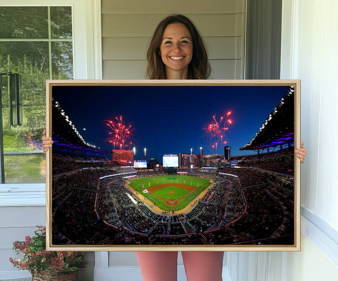 Truist Park wall art: fireworks over a Braves crowd, a large 3-panel canvas, framed and ready-to-hang.