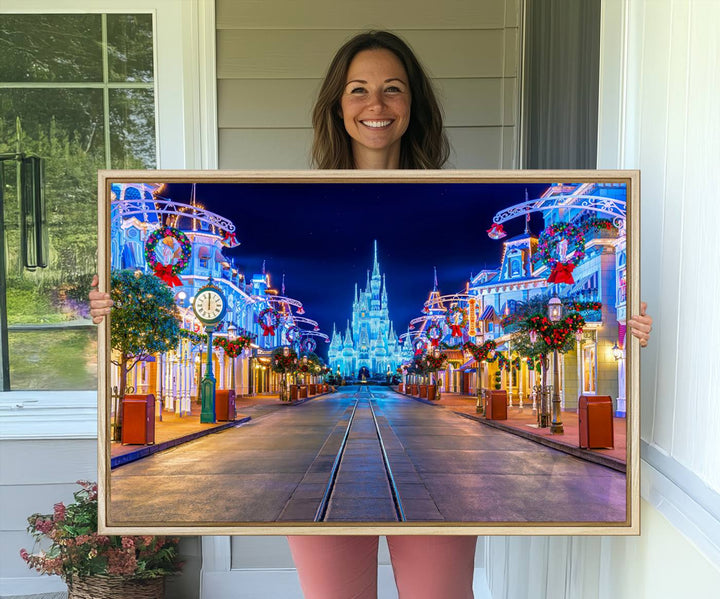 Disney wall art featuring a fantasy castle street at night.