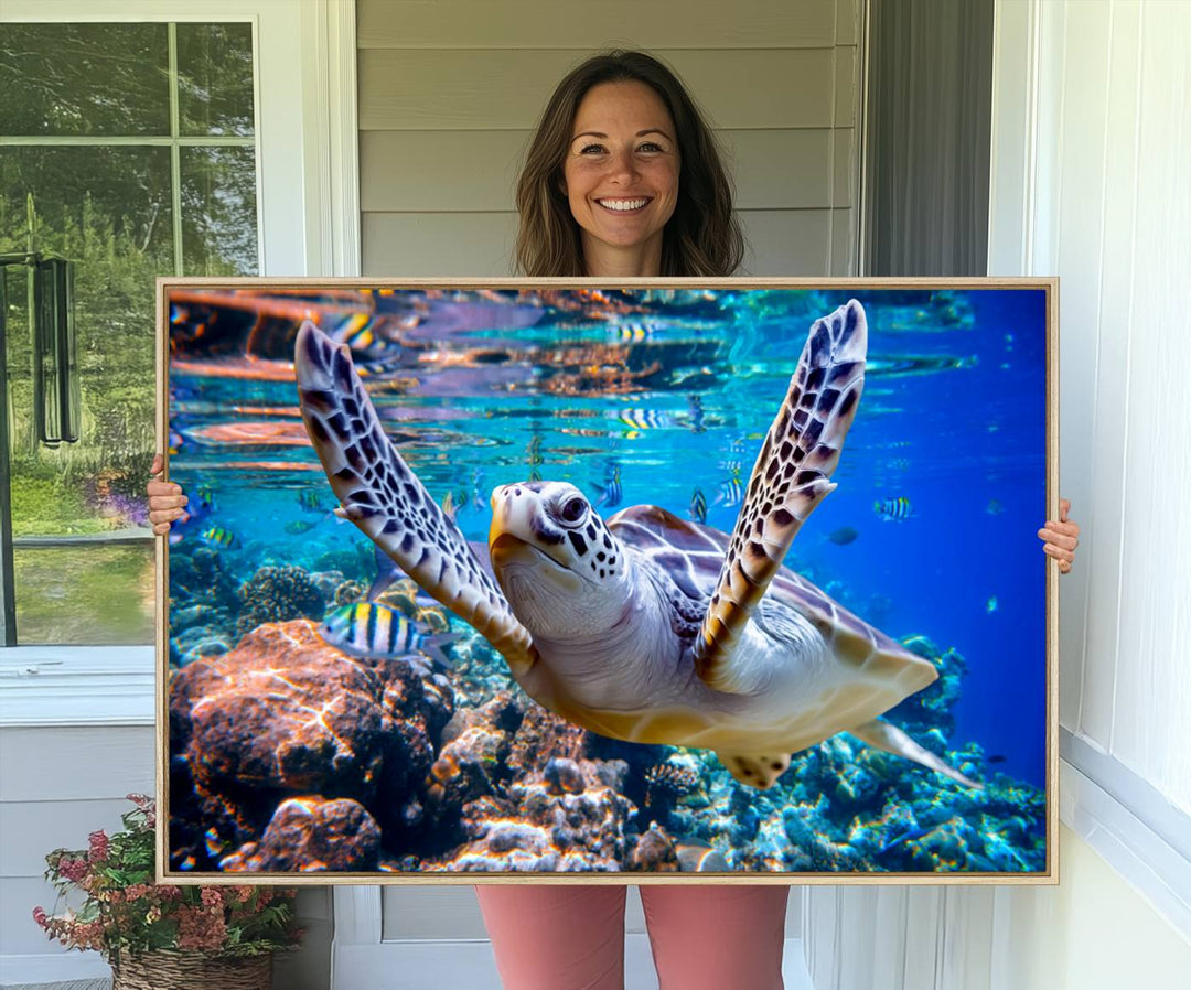 The Underwater Sea Turtle Wall Art Canvas Print serves as vibrant ocean décor, enhancing the kitchen with its stunning depiction.