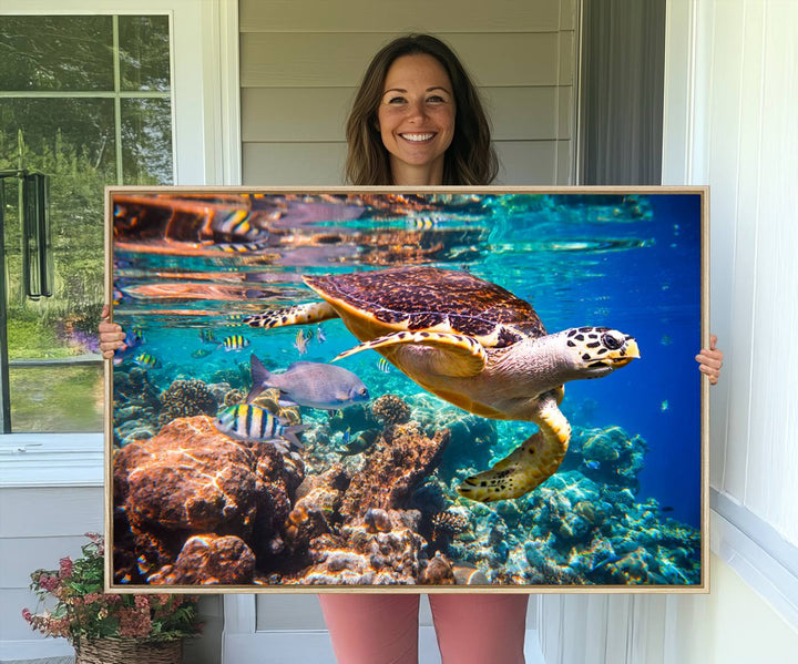 A Sea Turtle Wall Art Canvas Print features a colorful turtle swimming among coral. This artwork is ready to hang.