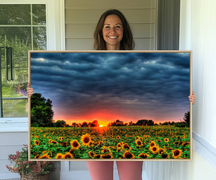 A Golden Sunflower Field at Sunset ready-to-hang wall art canvas print.