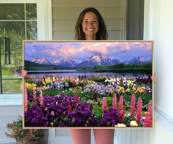 A Vibrant Wildflower Garden and Mountain View Giclee Print is displayed prominently on the wall.