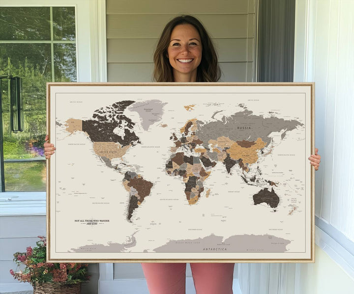 Antique-style world map canvas print with Not all those who wander are lost, perfect for vintage decor.