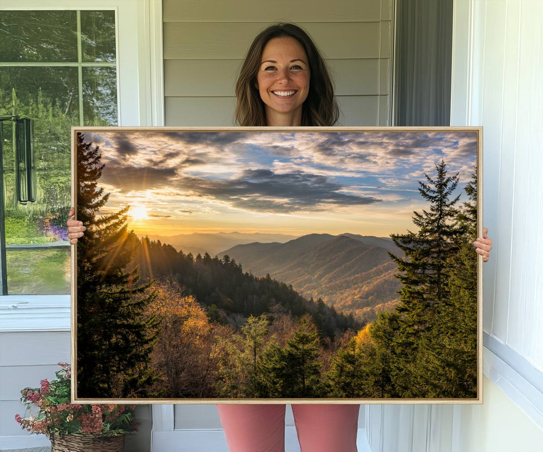 A triptych canvas titled Sunrise Over the Smoky Mountains adorns the wall.