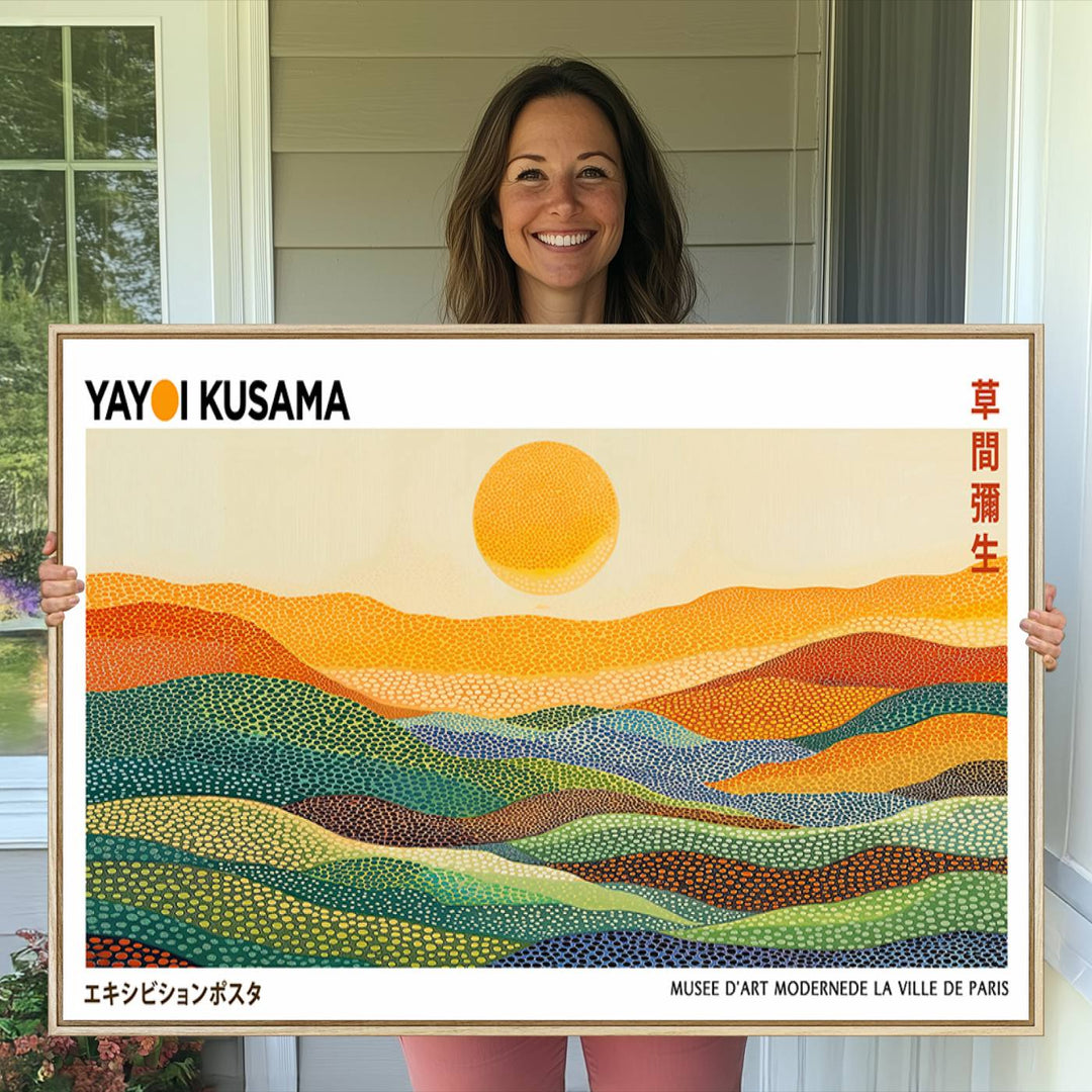 Framed Yayoi Kusama 1986 Wall Art: A vibrant abstract landscape featuring Wabi Sabi hills and a sun, created by the Japanese artist.