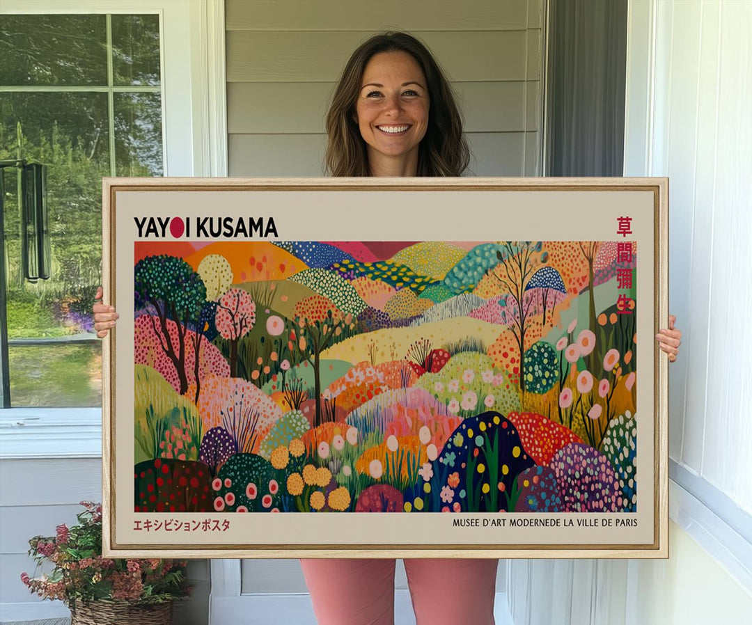 The Framed Yayoi Kusama 1986 Wall Art Print brings vibrant abstract landscapes to enhance the wooden wall.