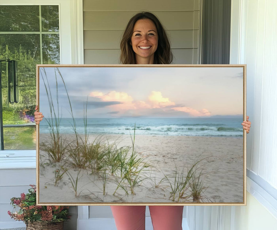 Flight Over Coastal Beach print on UV canvas displayed against white walls.