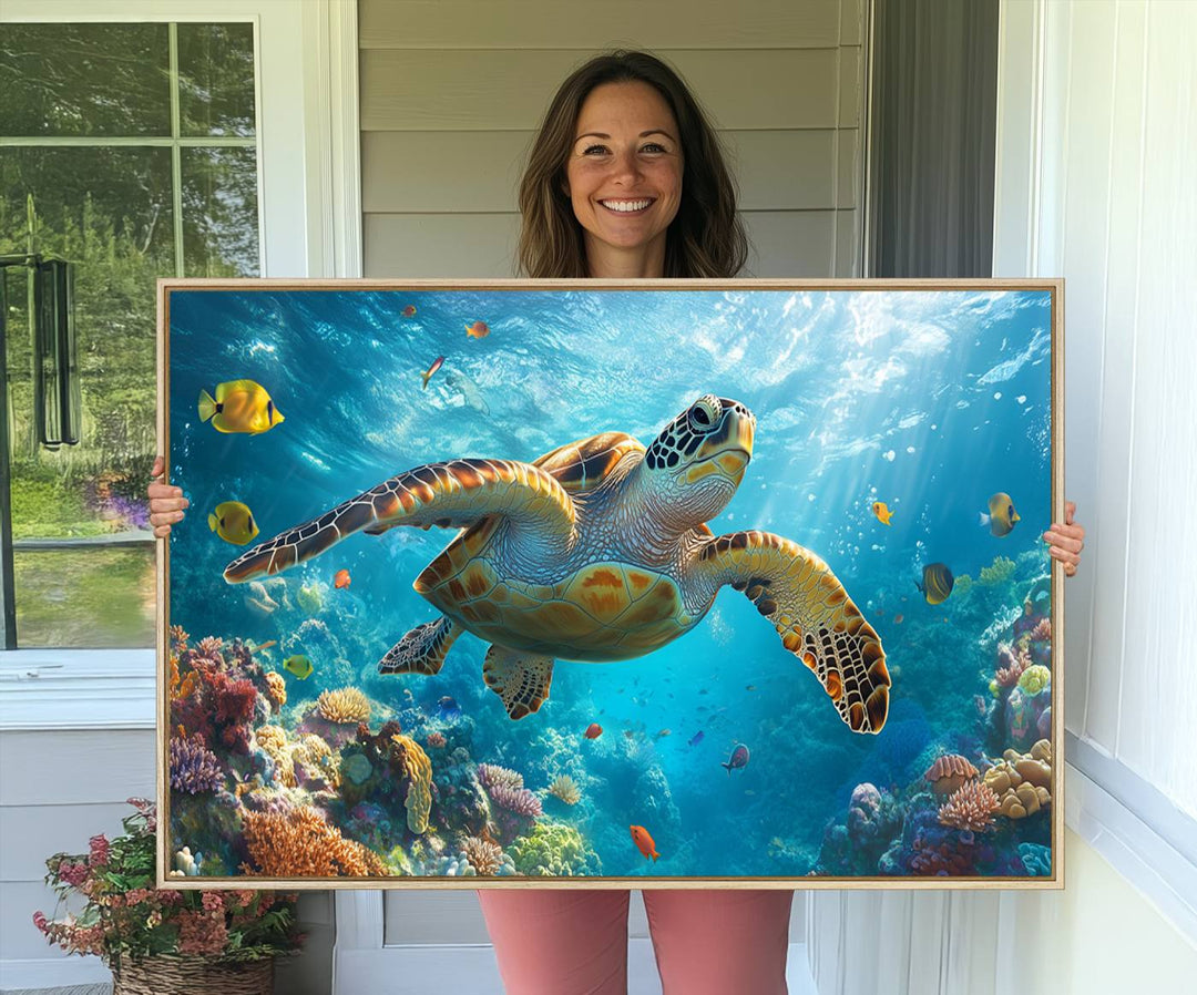 The Sea Turtle Underwater Canvas adorns the wall.