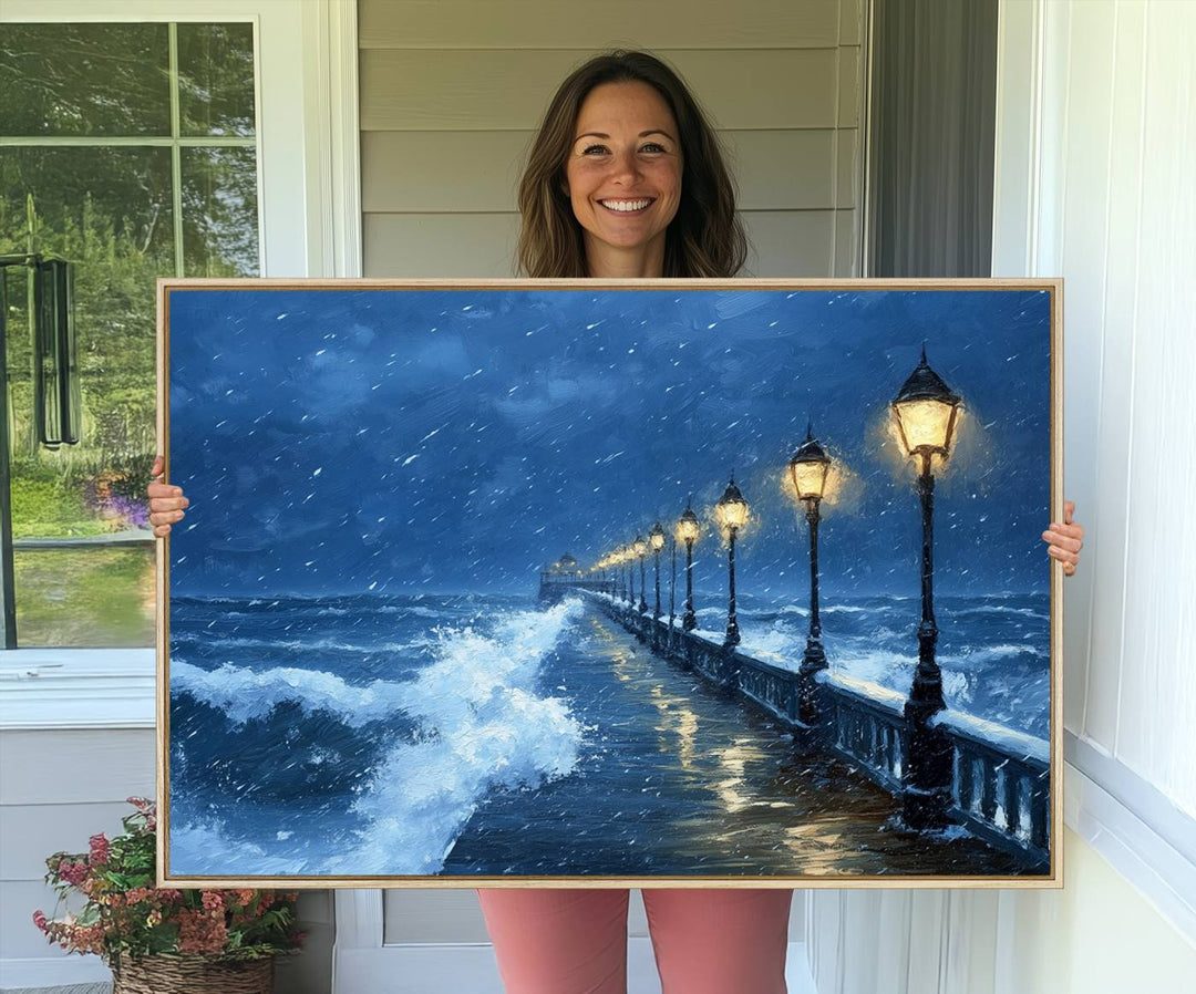 The living room features the Stormy Ocean Pier Lights canvas wall art for illumination.