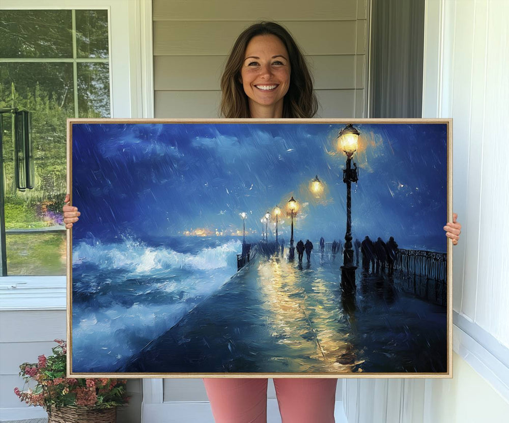 Abstract Stormy Ocean Pier Canvas Wall Art Print under streetlamps.