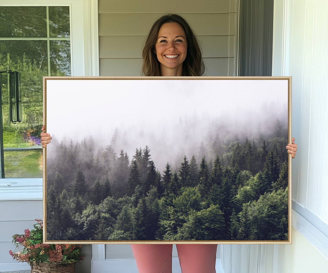 A serene triptych nature print featuring a misty forest, perfect as wall art.