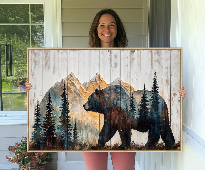 Grizzly 399 Wall Art triptych features a serene mountain scene.