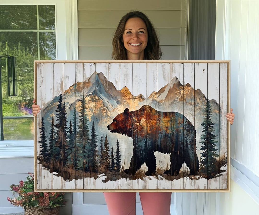 The living room features Rustic Grizzly 399 bear wall art, adding a cozy touch to the setup.