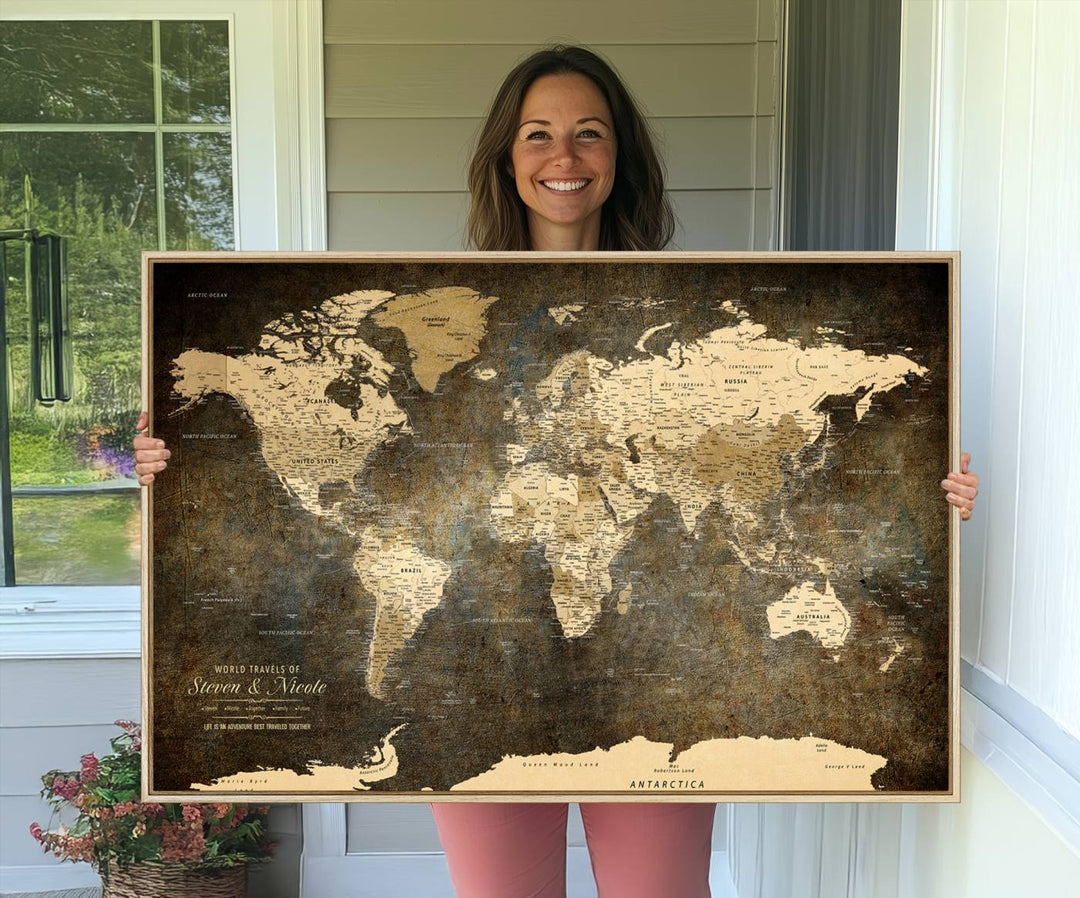 A Personalized World Map Wall Art displayed on a porch.