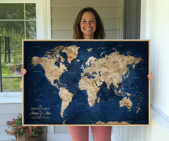 A Personalized Custom World Map Canvas Print on blue hangs prominently.