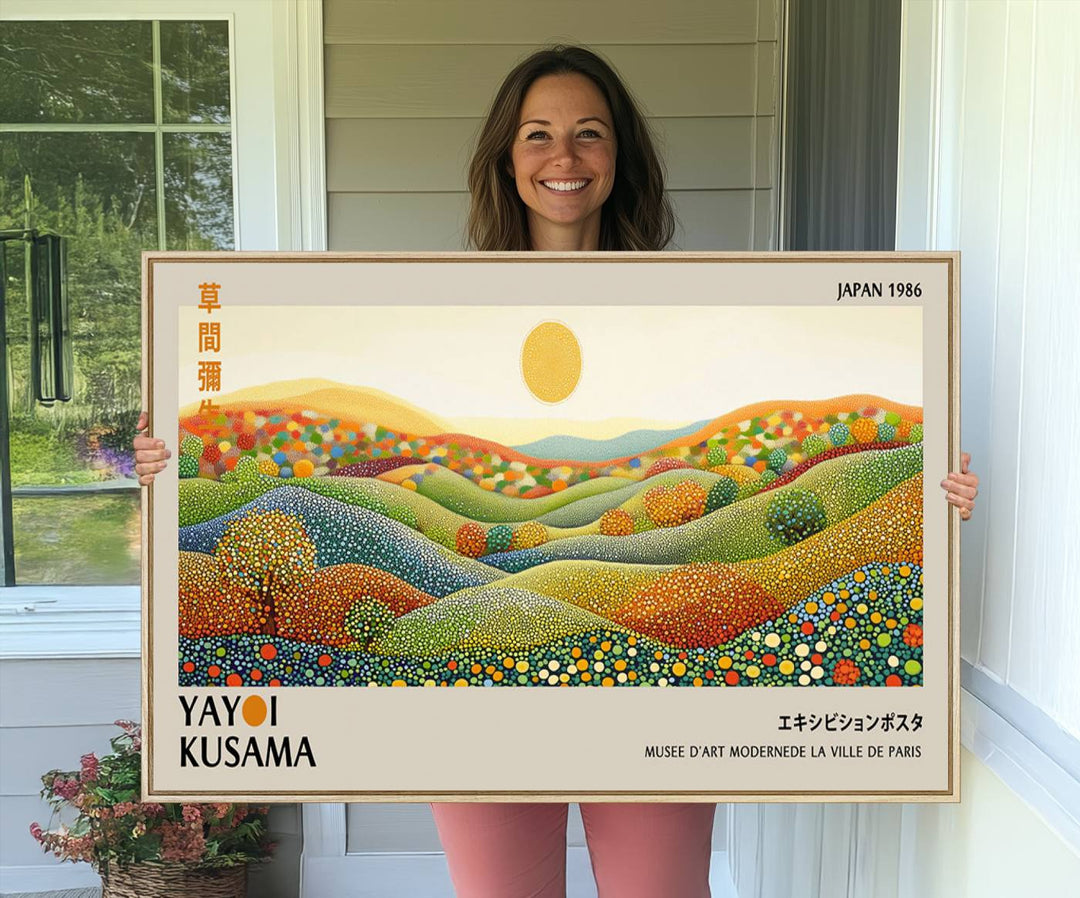 The Yayoi Kusama Wabi Sabi Japanese Wall Art Print features a vibrant landscape with dots, sun, and mountains.