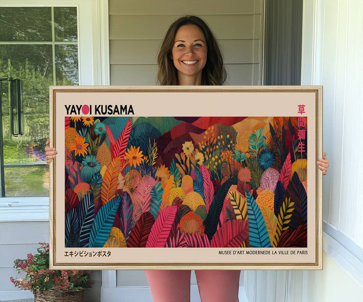 The Yayoi Kusama Inspired Wall Art Canvas Print features colorful flowers and foliage, presented with a premium canvas and gallery-quality finish.