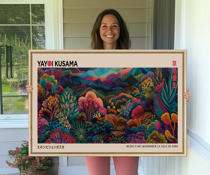 The Yayoi Kusama Wall Art Canvas Print features a vibrant and colorful landscape with abstract vegetation, perfectly capturing the essence of Japanese Wabi Sabi aesthetics.