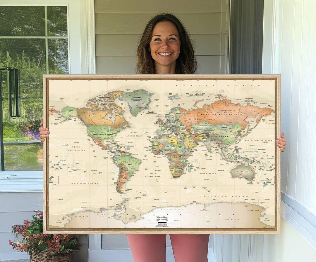 The Large Push Pin World Map Wall Art Canvas Print, with a gallery-quality finish, is carefully crafted on premium canvas and handmade in the USA. This piece adds a touch of elegance to any space.