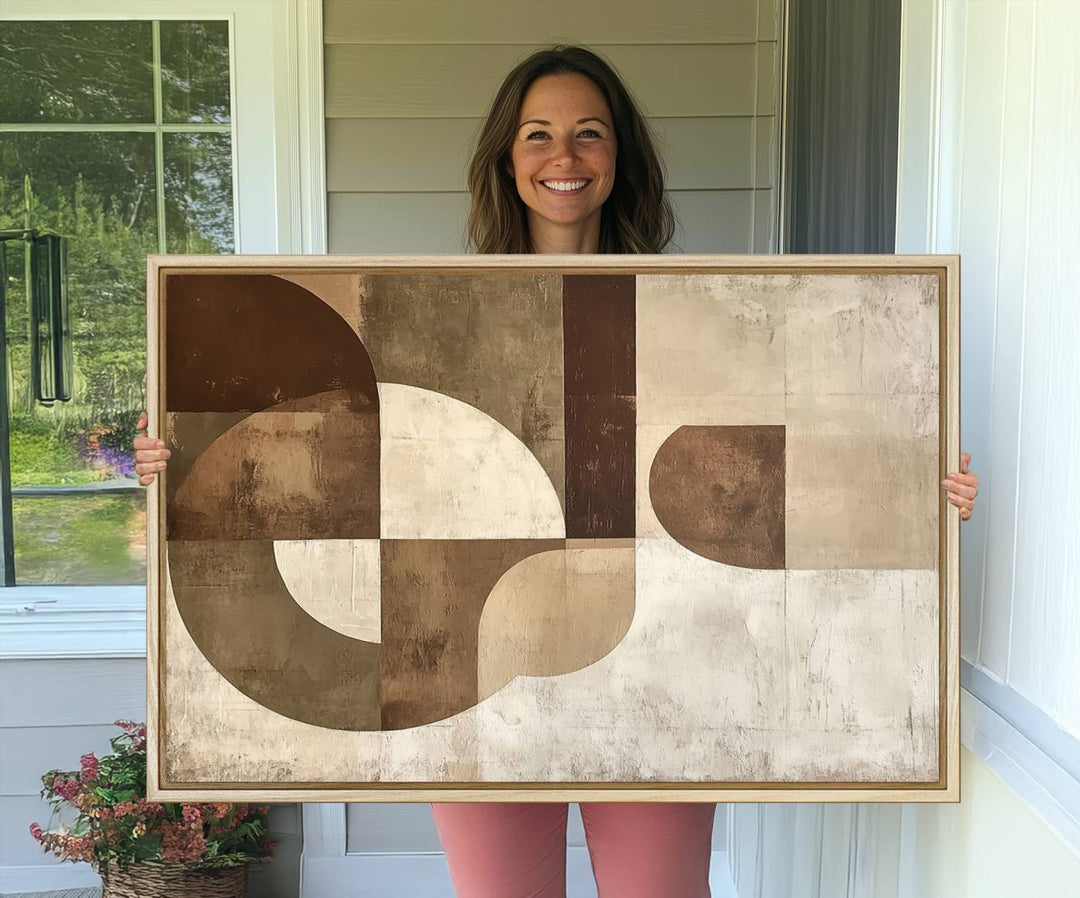 A Wabi Sabi Geometric Minimalist Wall Art Canvas Print—with a modern abstract geometric design in brown and beige tones—stands proudly in front of a house.