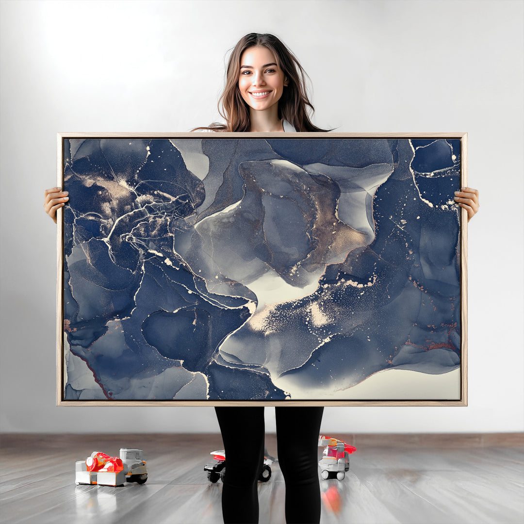 Large Abstract Blue and Gold Canvas Wall Art | Fluid Ink Artwork Print | Luxury Wall Decor for Contemporary Interiors | Framed Ready to Hang