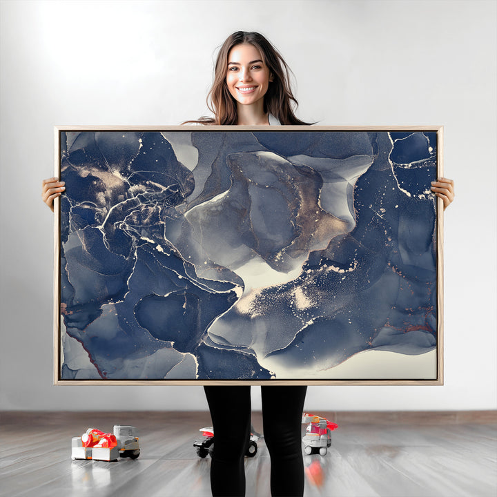 Large Abstract Blue and Gold Canvas Wall Art | Fluid Ink Artwork Print | Luxury Wall Decor for Contemporary Interiors | Framed Ready to Hang