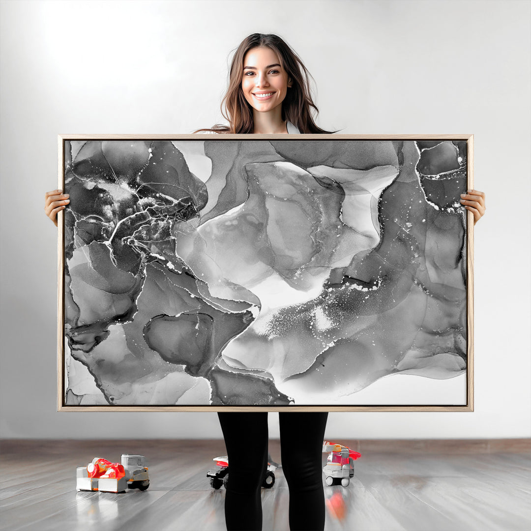 Black White Abstract Canvas Wall Art - Fluid Ink Artwork - Modern Luxury Wall Decor for Contemporary Interiors