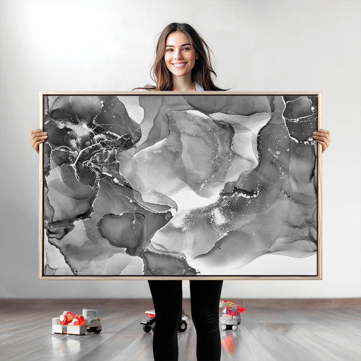 Black White Abstract Canvas Wall Art - Fluid Ink Artwork - Modern Luxury Wall Decor for Contemporary Interiors